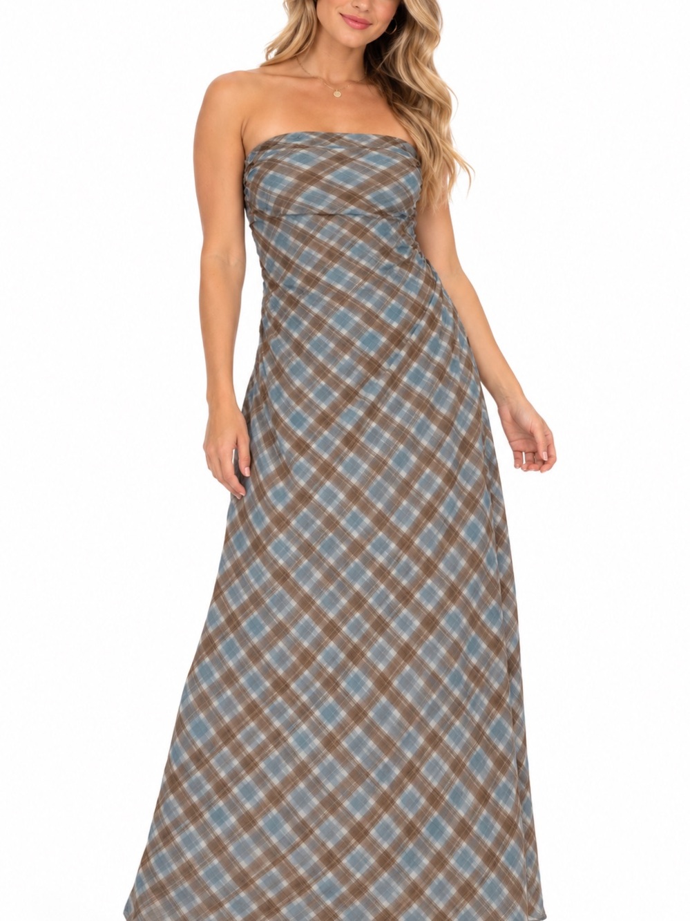 Altard State Plaid Chiffon Maxi Dress Strapless Lined Zip Blue/Brown M C6939D